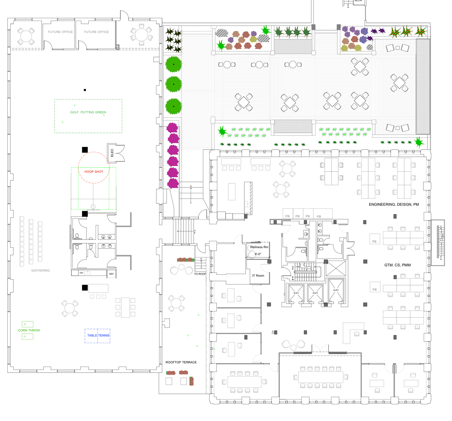 Level 5 furniture plan for Circuit at Norwood Tower, showing the office floor plate, private rooftop patio and shared rooftop terrace
