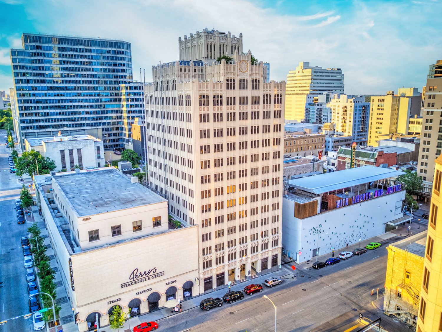 Norwood Tower and Perry's Steakhouse from above, at 7th and Colorado in downtown Austin