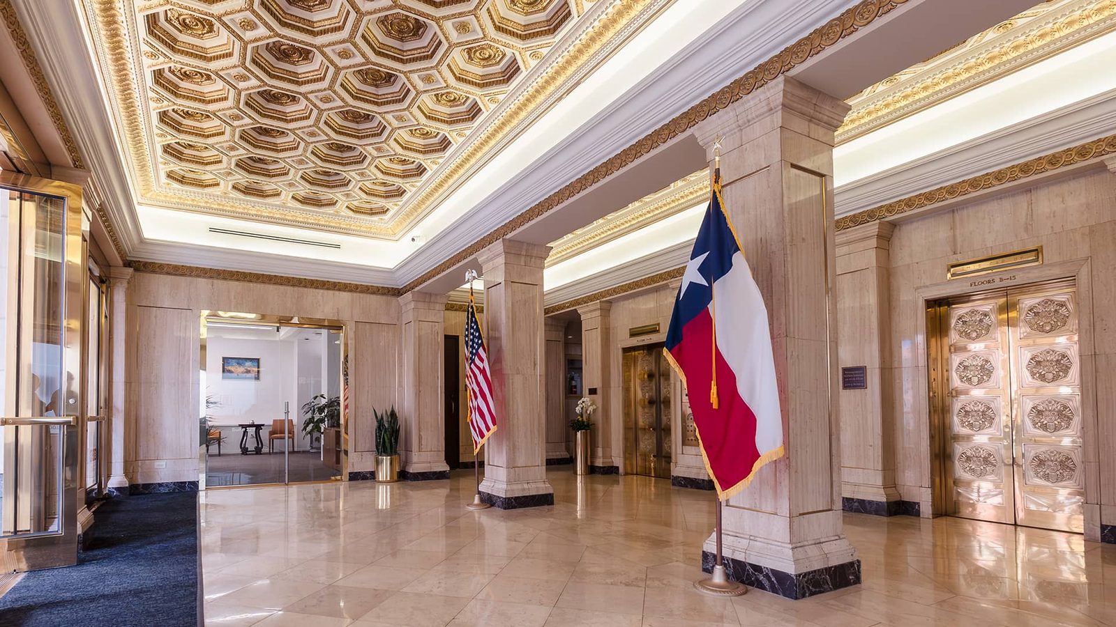 Norwood Tower lobby with restored deco ceiling